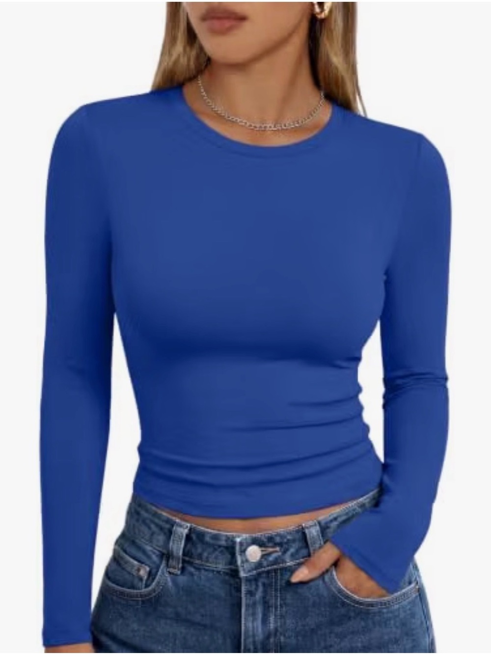 Trendy Queen Long Sleeve Royal Blue Tee T Shirt Top Crew Neck Medium M